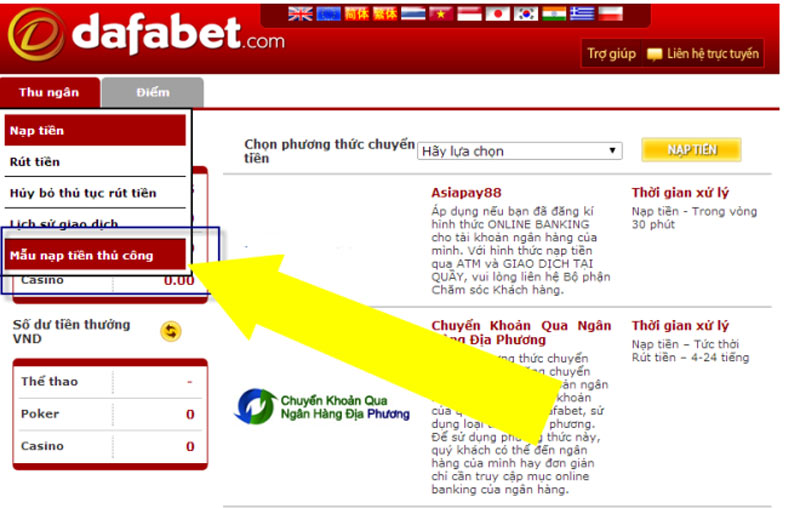 hướng dẫn nạp tiền dafabet qua internet banking